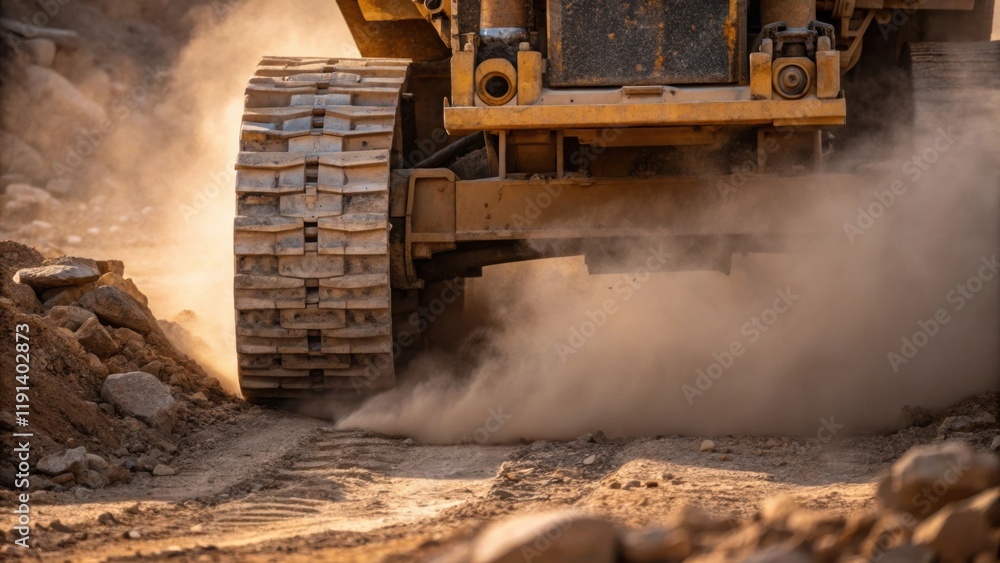 Aufkleber Machinery in Action A closeup of heavy machinery operating onsite its mechanics dusted with debris while a cloud of fine dust erupts around its wheels as it navigates the rugged
