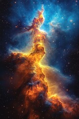 Fiery nebula, cosmic dust, starlit expanse.