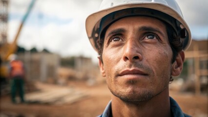 Fototapeta premium Laborers Face A medium closeup of a determined face eyes focused intently on the task ahead embodying the hopes and aspirations tied to the groundbreaking ceremony.