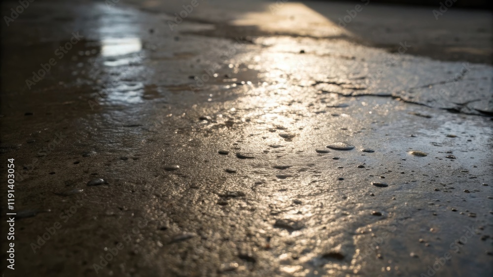 Aufkleber Medium closeup focusing on a patch of damp concrete in the shade where the translucence of moisture captures surrounding light in glistening spots while deeper shadows accentuate