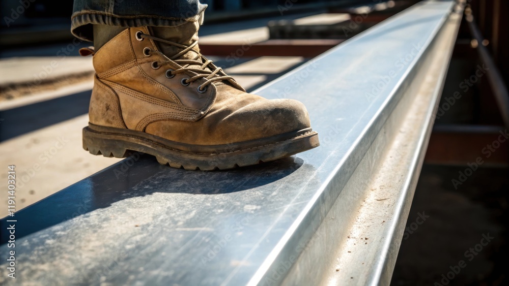 Aufkleber medium closeup of a construction workers boot with a clear shadow cast on a bright steel beam emphas
