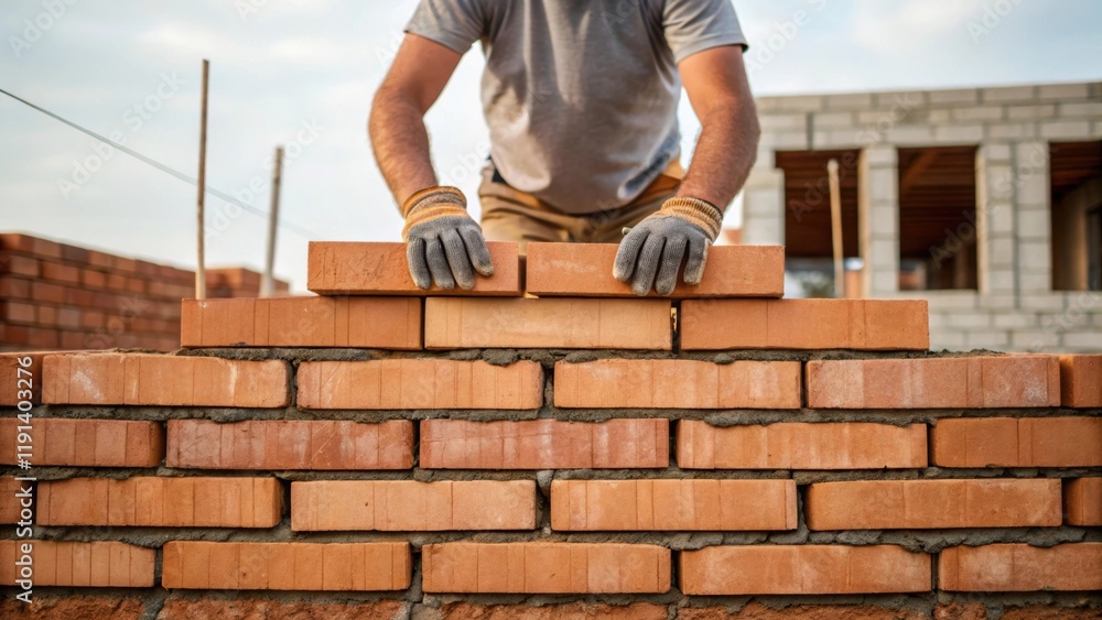 Poster medium closeup of a construction worker standing atop a pile of bricks fingers running along the sur