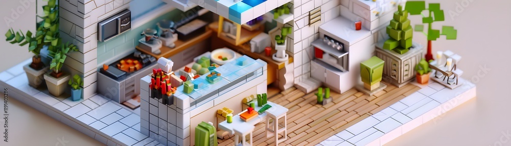 Poster modern kitchen layout with open space design and decorative elements