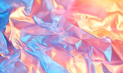 Fototapeta premium Blurred Abstract Pastel Background with 80s Style Crumpled Iridescent Foil Texture