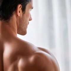 Naklejka premium Extreme closeup of shoulder of a beautiful athletic man, back view, blurred white curtain background, natural light
