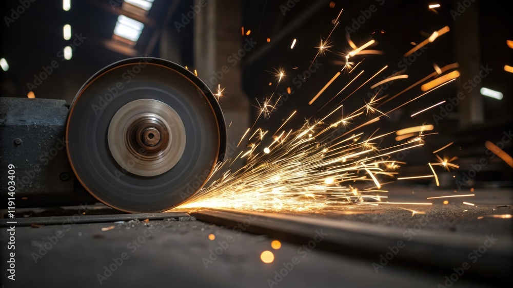 Poster Medium closeup of a grinding wheel in motion metallic shards flying outward as bright sparks illuminate the surrounding area casting dynamic shadows on the workspace.