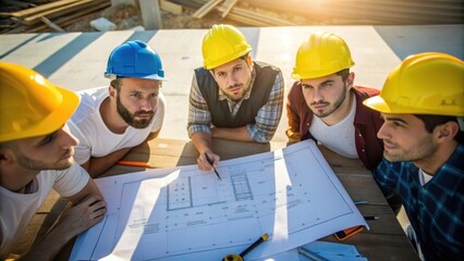 Medium closeup of a group of workers huddled around blueprints their faces focused and determined as they discuss plans and logistics under the glare of a bright sun.