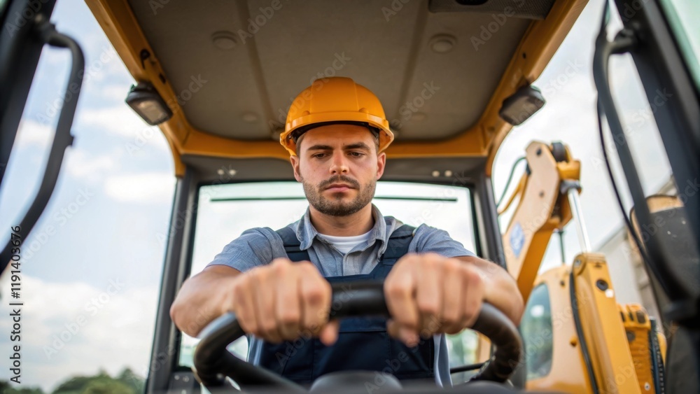 Aufkleber Medium closeup of an operator in a hard hat intensely focused on the controls of an excavator arms slightly raised showing the concentration required for precise digging.