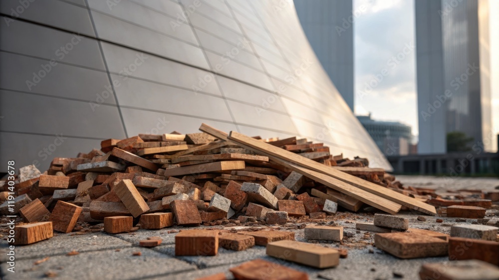Poster Medium closeup of a pile of construction debris such as bricks and wooden planks tered on the ground with a smooth modern structure rising majestically behind it showcasing the