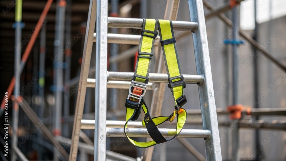Aufkleber medium closeup of a scaffold ladder with a safety harness draped over a rung highlighting the import