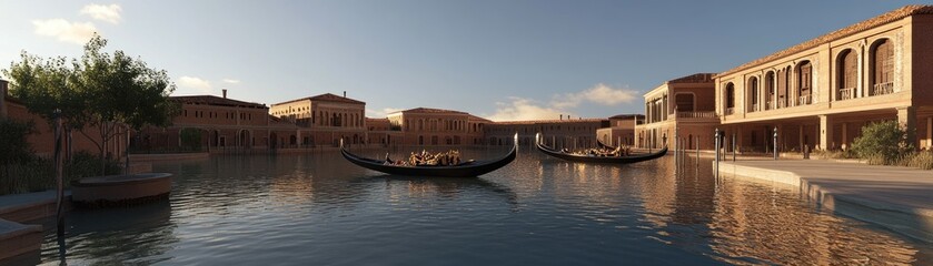 Obraz premium Serene Canal with Gondolas in a Mediterranean-Style Courtyard at Sunset