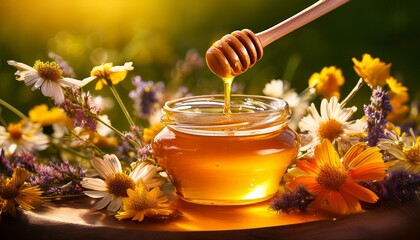 Generated image honey jar with a wooden dipper dripping golden honey into a small bowl