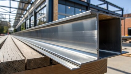 Fototapeta premium Medium closeup of a steel beam under natural lighting accentuating the reflections and contours of the metal with a tight focus on the dimensions that convey a sense of modern