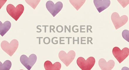 Stronger together watercolor hearts. Bold message of unity and strength surrounded by soft pink and purple hearts in watercolor style. Ideal for emotional, motivational, and relationship concept