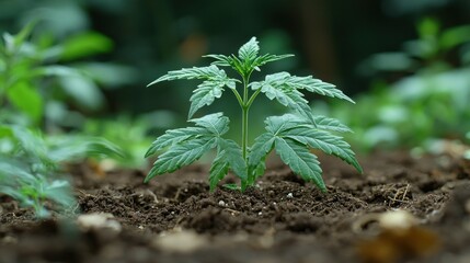 Cannabis Plant Growth: A Close-Up View of a Young Marijuana Plant Thriving in Rich Soil