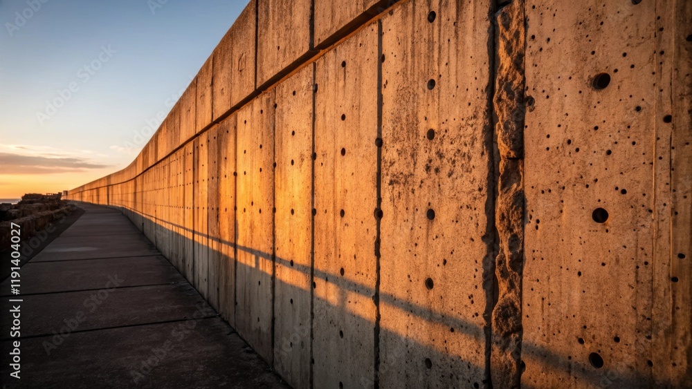 Aufkleber Medium closeup of a weathered concrete wall shows deep gouges and craters illuminated by a warm sunset. Shadows amplify the contours creating a dramatic contrast between light and