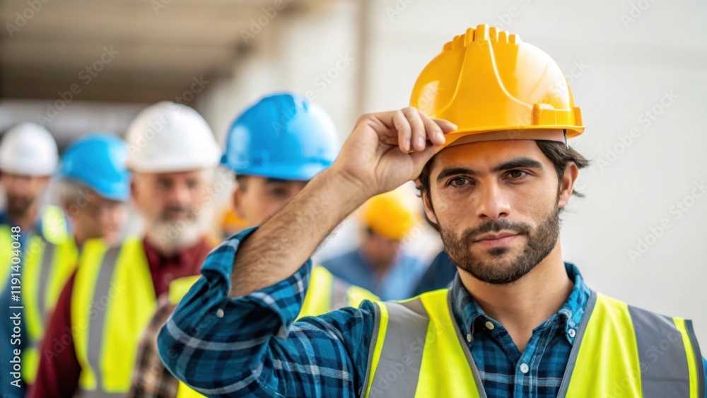 Poster medium closeup of a worker adjusting his hard hat as he prepares to join his team in the lift the ba