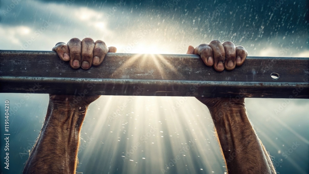 Aufkleber Medium closeup of a workers weathered hands gripping a steel beam with brilliant rays of sunlight filtering down from the sky highlighting droplets of rain on the surface.