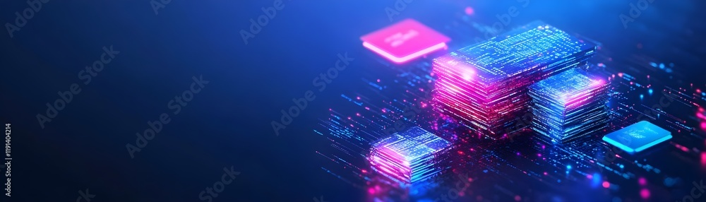 Poster futuristic digital technology concept with neon light squares and circuit patterns