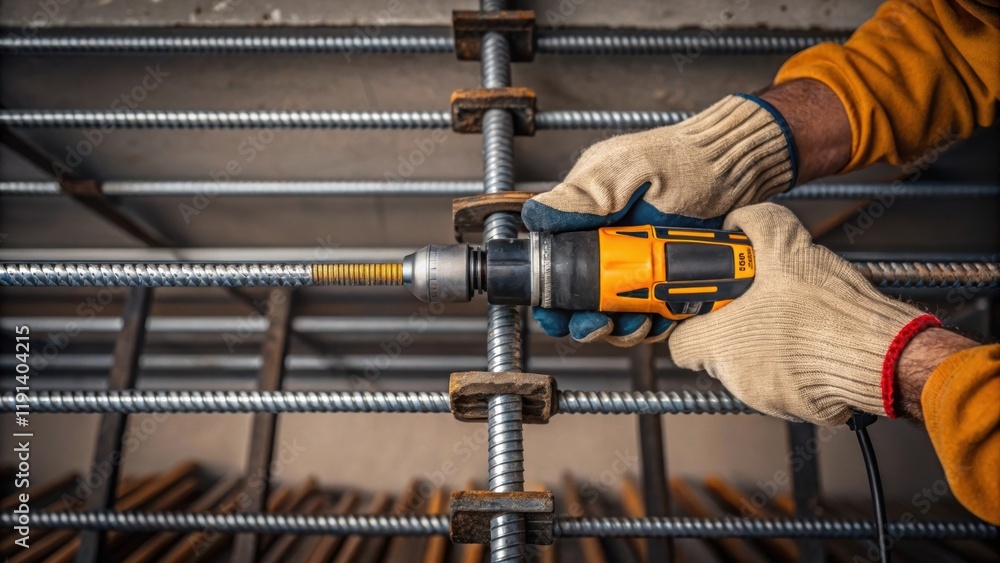 Poster Medium closeup of a workers gloved hands holding a power tool poised above an unfinished electrical conduit signifying the labor and skill that shape the fragility of construction.