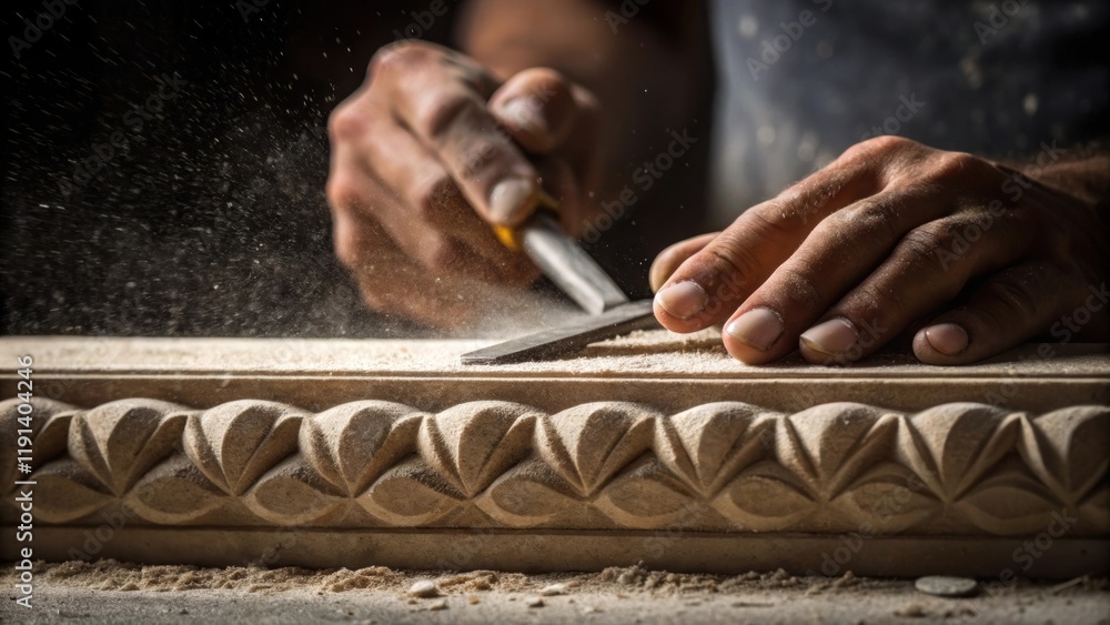 Poster medium closeup of fingers expertly handling a chisel against stone with fine dust particles suspende