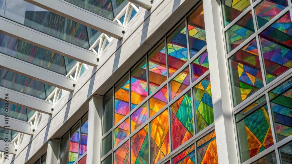 Poster Medium closeup of glass panels being installed with reflections creating an evershifting kaleidoscope of colors and shapes against the stark lines of the framework.