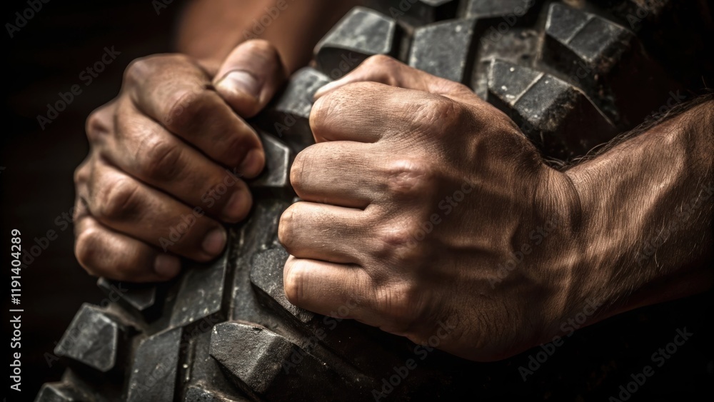 Poster medium closeup of hands tightly clasping a jagged piece of metal highlighting the diligent texture o
