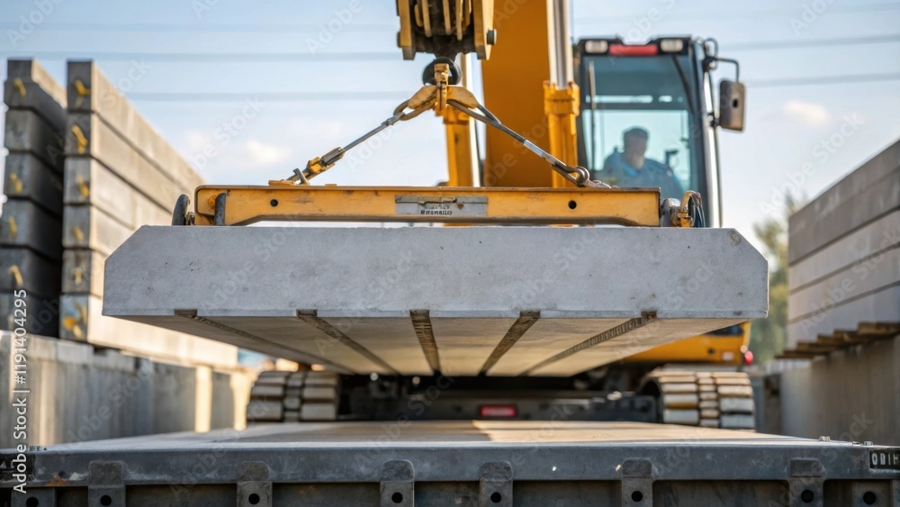 Aufkleber Medium closeup of heavy machinery in action with a crane lifting massive concrete slabs into position demonstrating the power and sophistication of equipment used to construct