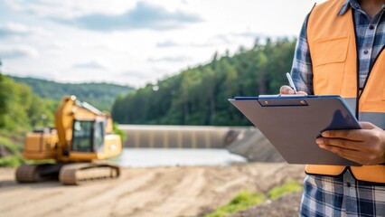 Medium closeup of environmental impact assessments being conducted with a clipboard in hand and machinery in the background showcasing the balance between development and nature in
