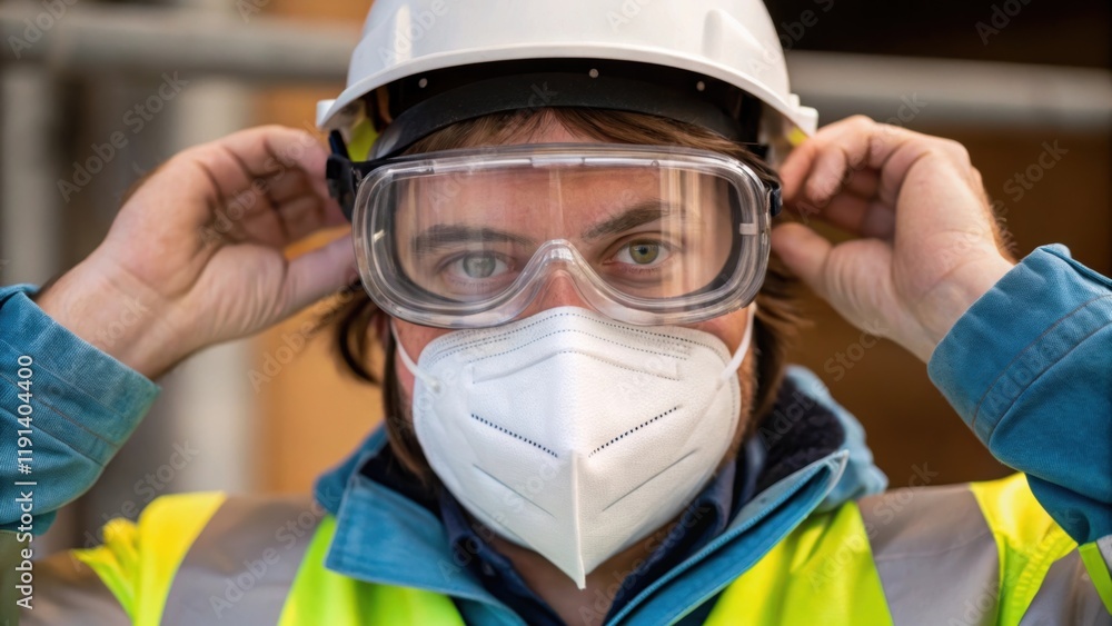 Poster medium closeup of safety gear a worker adjusts their safety goggles and face mask emphasizing the st