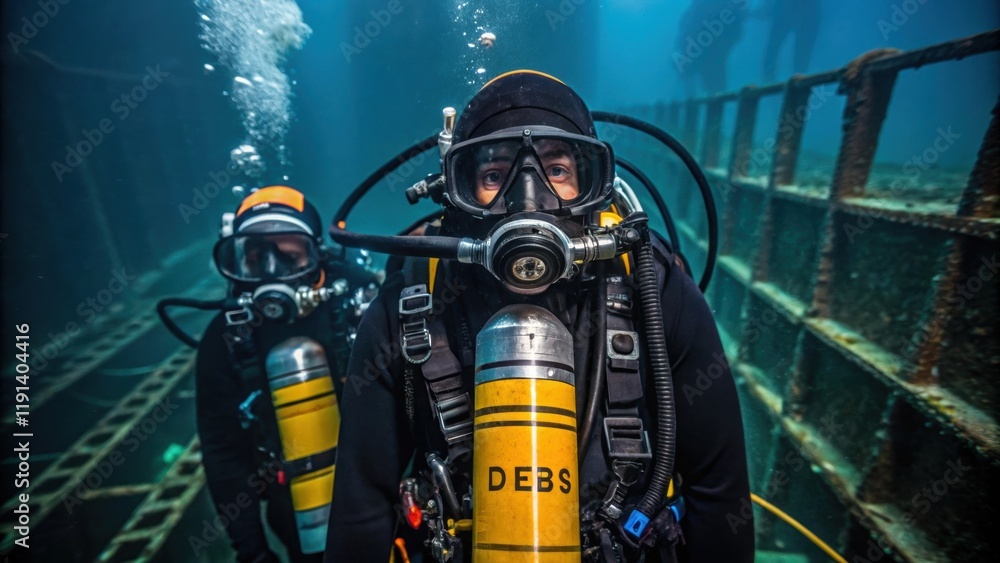 Poster Medium closeup of the divers gear including an oxygen tank and intricate breathing apparatus while they navigate around a submerged structure highlighting the technical aspects of