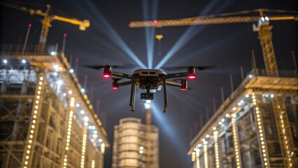 Medium closeup of the drones body as it navigates through the night sky capturing a stunning cascade of light from cranes and scaffolding illuminating the skeletal structures of