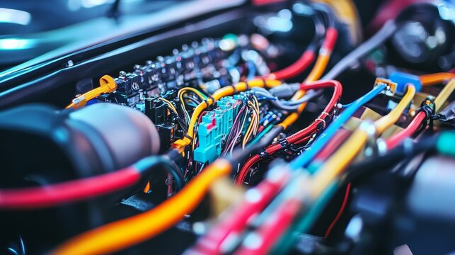 Vehicle's colorful wiring harness, complex engine bay.