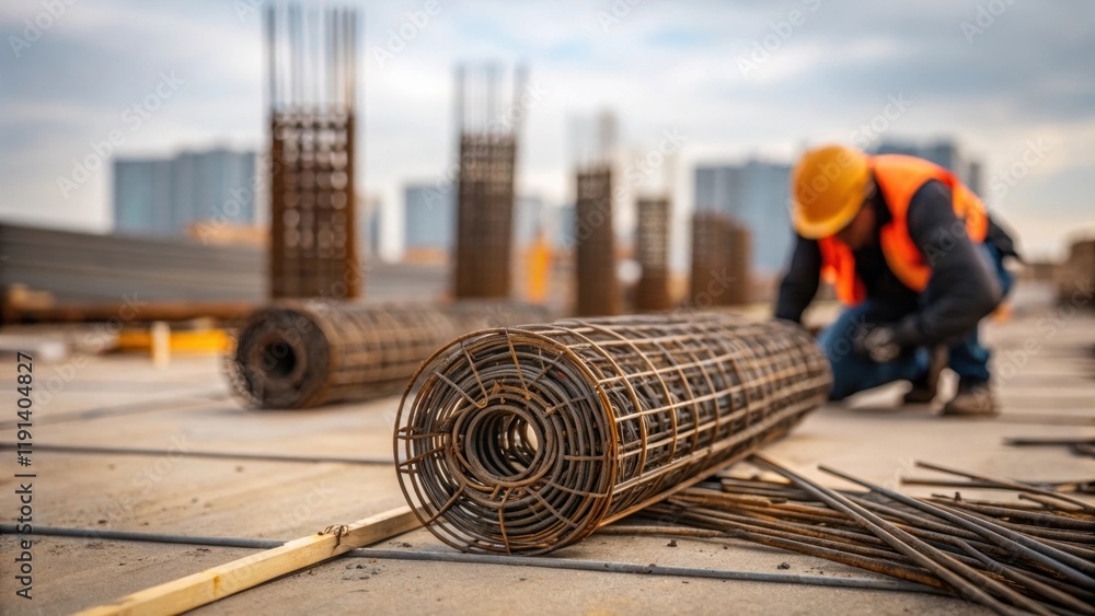Aufkleber Medium closeup shot of a worker positioning rolled bundles of rebar on the ground showing the intricacies of the material before installation and the organized chaos of a
