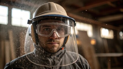Medium Closeup of Worker A medium closeup featuring a worker in a workshop wearing a fullface shield and protective goggles. Dust and debris are in the air emphasizing the