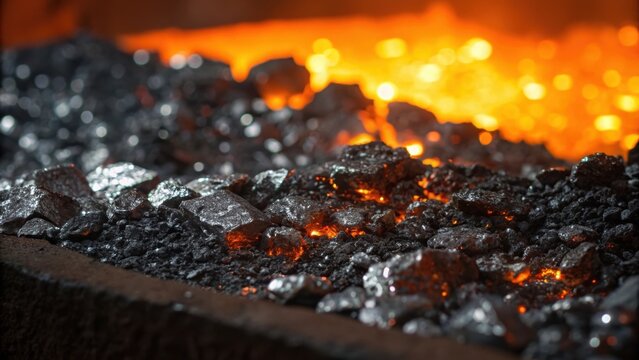 Metallic Slag A medium closeup of molten steel slag glistening under bright lights. The jagged edges and shimmering black and silver particles create a striking contrast