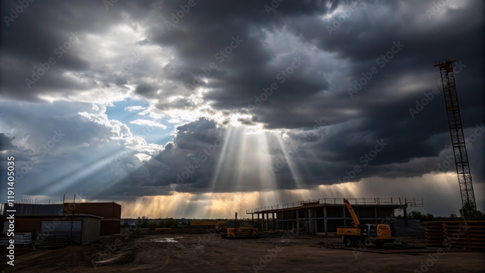Poster patches of sunlight struggle through thick gray clouds illuminating areas of the construction site w