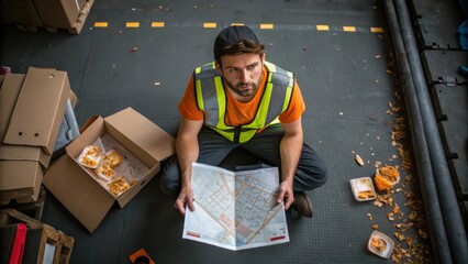 Perspective from above the worker seated crosslegged with an open city map beside him contemplating his next move while halfeaten food lies tered around.