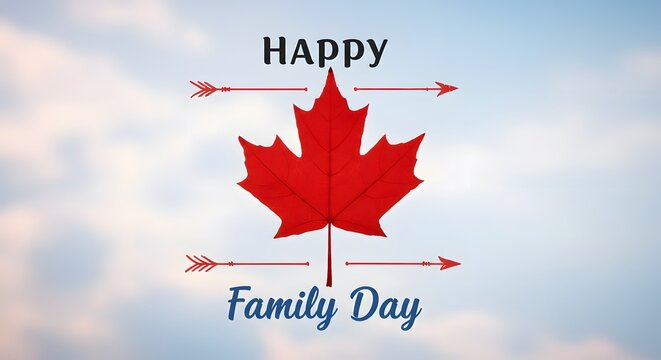 Family Day design featuring a red maple leaf at the center with directional arrows on a soft blue sky background, symbolizing unity, love, and Canadian cultural celebration - Powered by Adobe