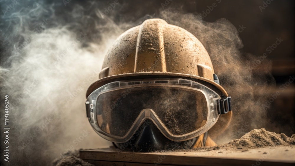 Poster safety gear a medium closeup of a construction helmet and protective goggles caked with fine dust hi