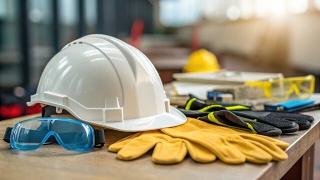 Safety Gear A closeup of a safety helmet resting on a table surrounded by various personal protective equipment like gloves and goggles emphasizing the safety protocols in place