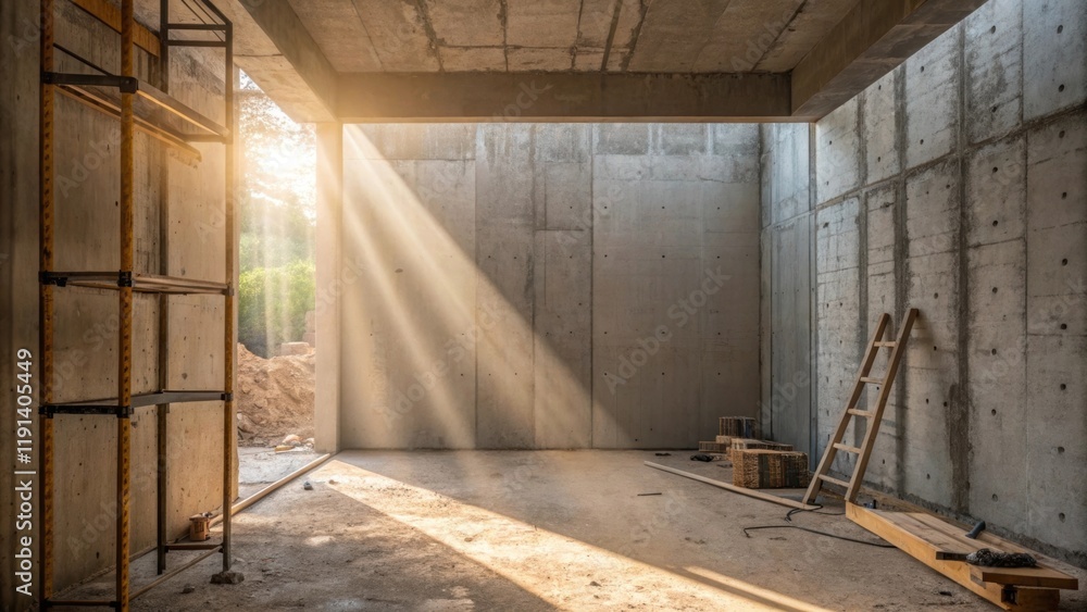 Poster soft beams of sunlight highlight the uneven textures of exposed concrete walls revealing the raw nat