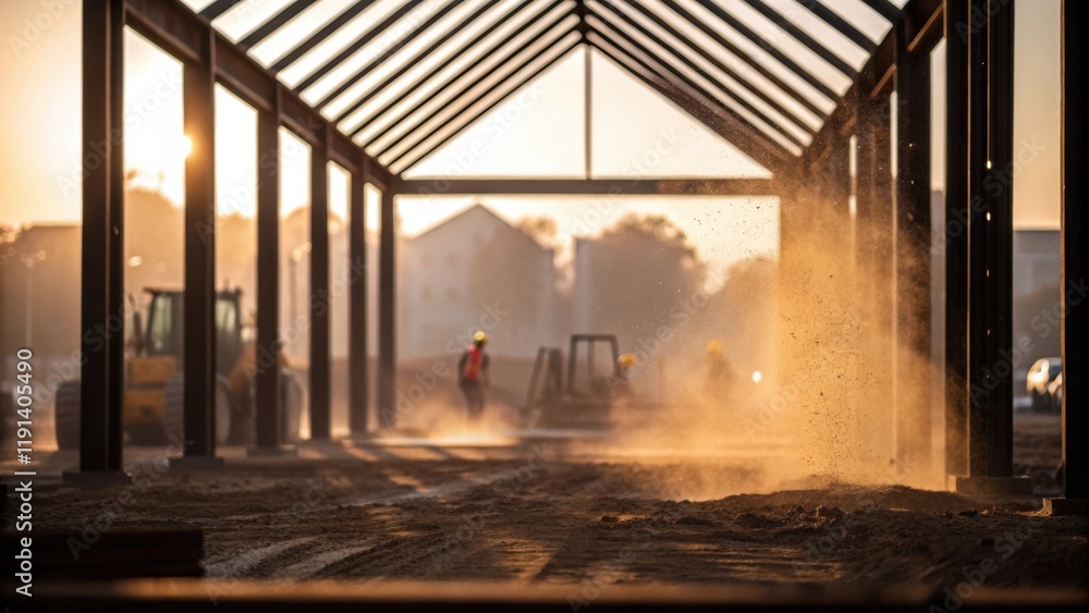 Poster Soft light filters through the angular frameworks revealing delicate strands of dust that float lazily in the air creating a serene atmosphere amid construction chaos.