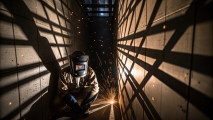 Shadows of Labor A closeup that emphasizes the intricate shadows cast on the walls of the confined space by the welders movements with a stark contrast between light and dark