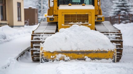 SnowCovered Machinery A closeup of a bulldozer blanketed in snow the bright yellow paint muted under the white layer with the only sound the soft crunch of snow underfoot as
