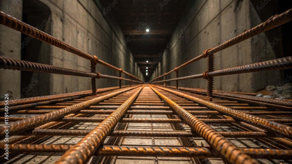 Aufkleber Support Structures A medium closeup of reinforced steel beams being installed within a dimly lit tunnel showcasing the intricate network of supports designed to hold the earth