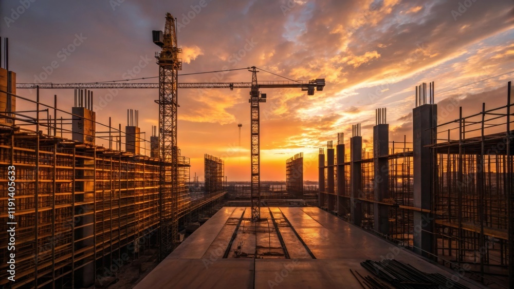 Poster Sunset Over the Site A panoramic view of the construction site during sunset with golden hues illuminating the scaffolding and cranes. The interplay of shadows and light adds a
