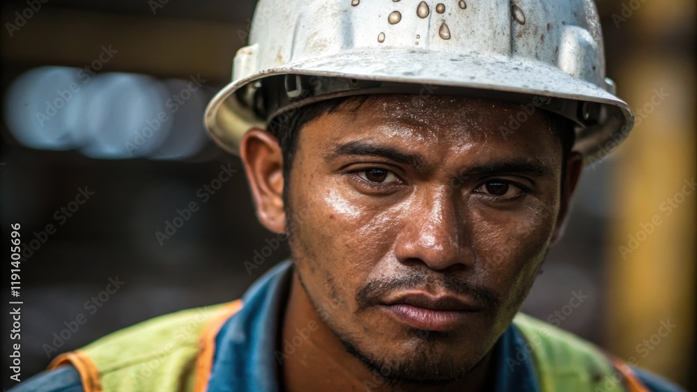 Poster the bead of sweat glistening on the workers forehead captures the strain and determination etched in