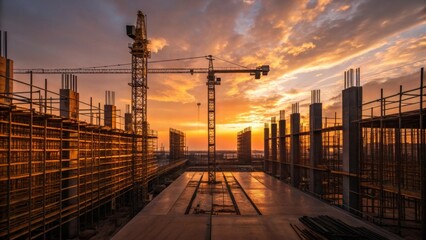 Sunset Over the Site A panoramic view of the construction site during sunset with golden hues illuminating the scaffolding and cranes. The interplay of shadows and light adds a