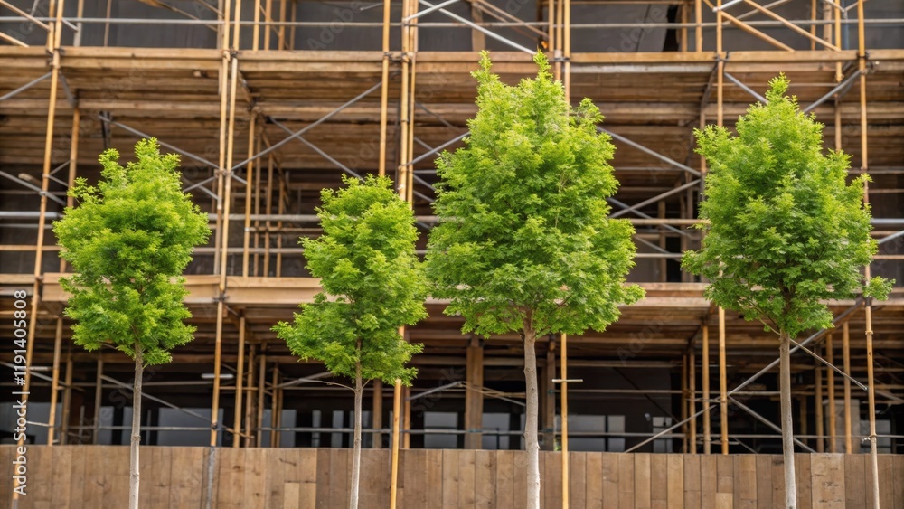 Fototapete The camera focuses on a of sapling trees positioned strategically beside wooden scaffolding illustrating the integration of green growth within the building framework of the site.